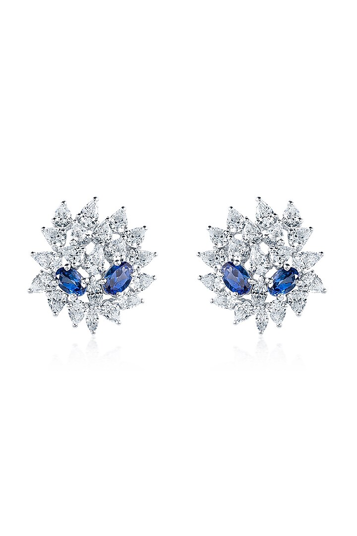 White Finish Zirconia & Blue Tanzanite Stud Earrings In Sterling Silver by HYBA JEWELS at Pernia's Pop Up Shop
