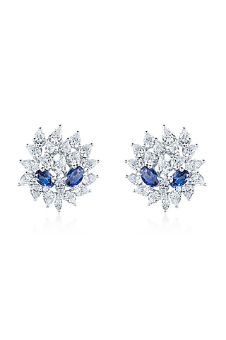 White Finish Zirconia & Blue Tanzanite Stud Earrings In Sterling Silver by HYBA JEWELS