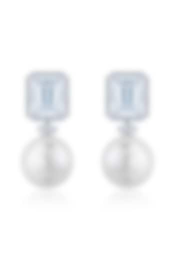 White Finish Zirconia & Pearl Stud Earrings In Sterling Silver by HYBA JEWELS at Pernia's Pop Up Shop
