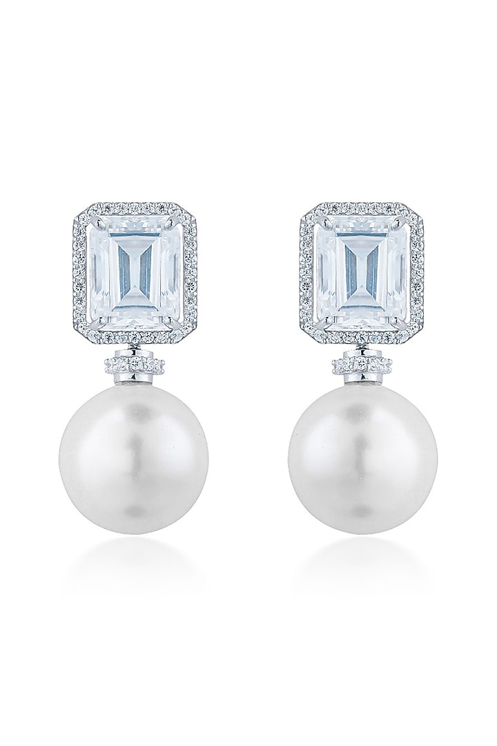 White Finish Zirconia & Pearl Stud Earrings In Sterling Silver by HYBA JEWELS at Pernia's Pop Up Shop
