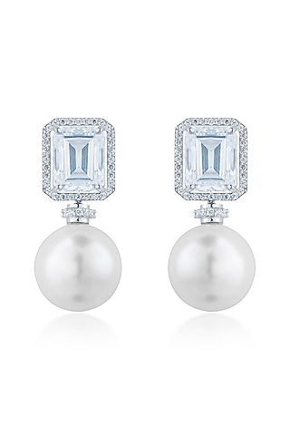 White Finish Zirconia & Pearl Stud Earrings In Sterling Silver by HYBA JEWELS