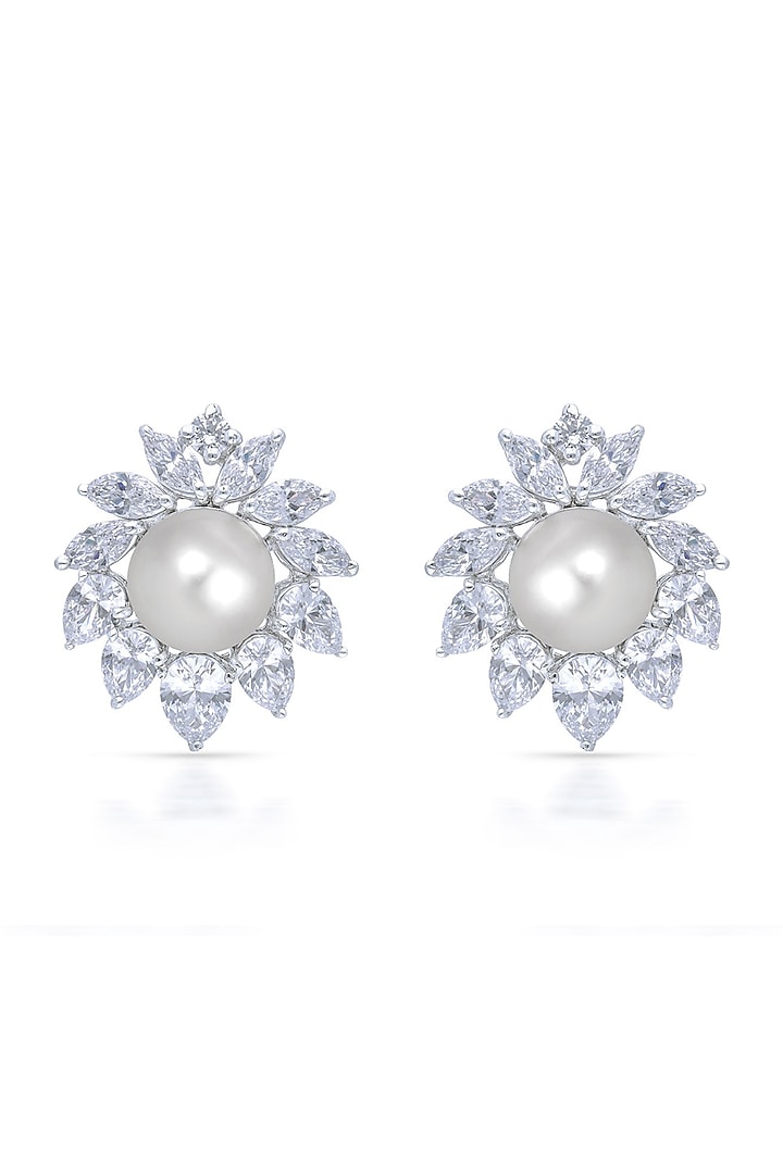White Finish Zirconia & Pearl Handcrafted Stud Earrings In Sterling Silver by HYBA JEWELS at Pernia's Pop Up Shop