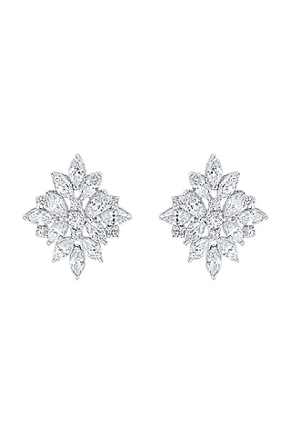 White Finish Multi-Cut Zirconia Stud Earrings In Sterling Silver by HYBA JEWELS
