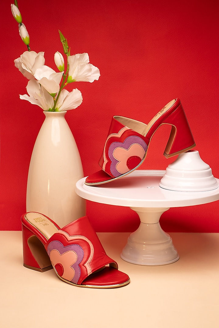 Red Sheep Leather Floral Motif Heels by HEEL YOUR SOLE