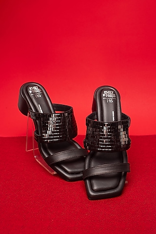 Black Genuine Leather Crystal Rhinestone Embellished Heels by HEEL YOUR SOLE