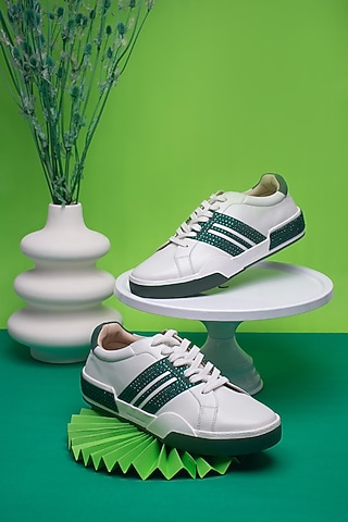 Green Nappa & Suede Rhinestone Embellished Sneakers by HEEL YOUR SOLE
