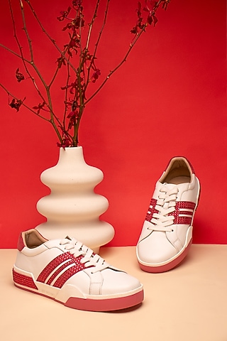 Pink Nappa & Suede Rhinestone Embellished Sneakers by HEEL YOUR SOLE