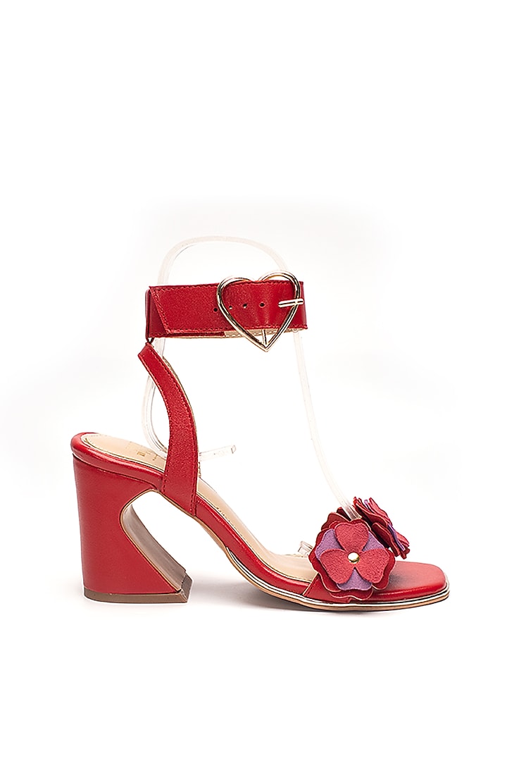 Red Genuine Leather Hand-Cut 3D floral Heels by HEEL YOUR SOLE at Pernia's Pop Up Shop