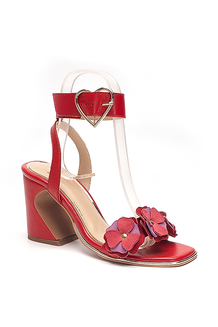 Red Genuine Leather Hand-Cut 3D floral Heels by HEEL YOUR SOLE at Pernia's Pop Up Shop