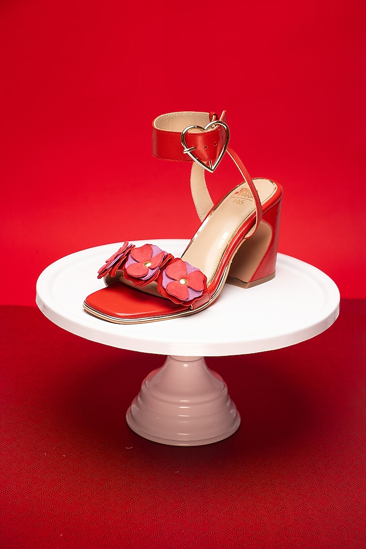 Red Genuine Leather Hand-Cut 3D floral Heels by HEEL YOUR SOLE at Pernia's Pop Up Shop
