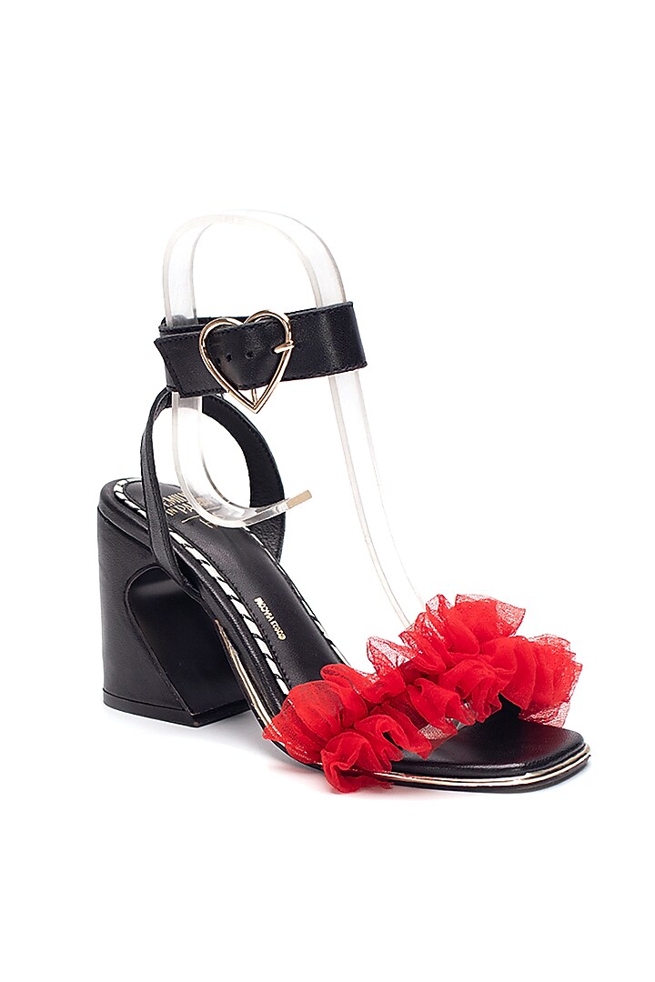 Black Genuine Leather Ruffled Heels by HEEL YOUR SOLE at Pernia's Pop Up Shop