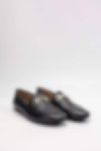 Black Cow Leather & Sheep Leather Buckle Embellished Loafers by HEEL YOUR SOLE