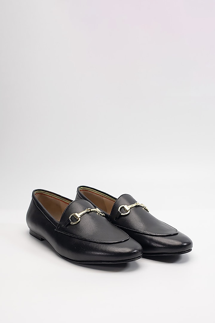 Black Cow Leather & Sheep Leather Buckle Embellished Loafers by HEEL YOUR SOLE