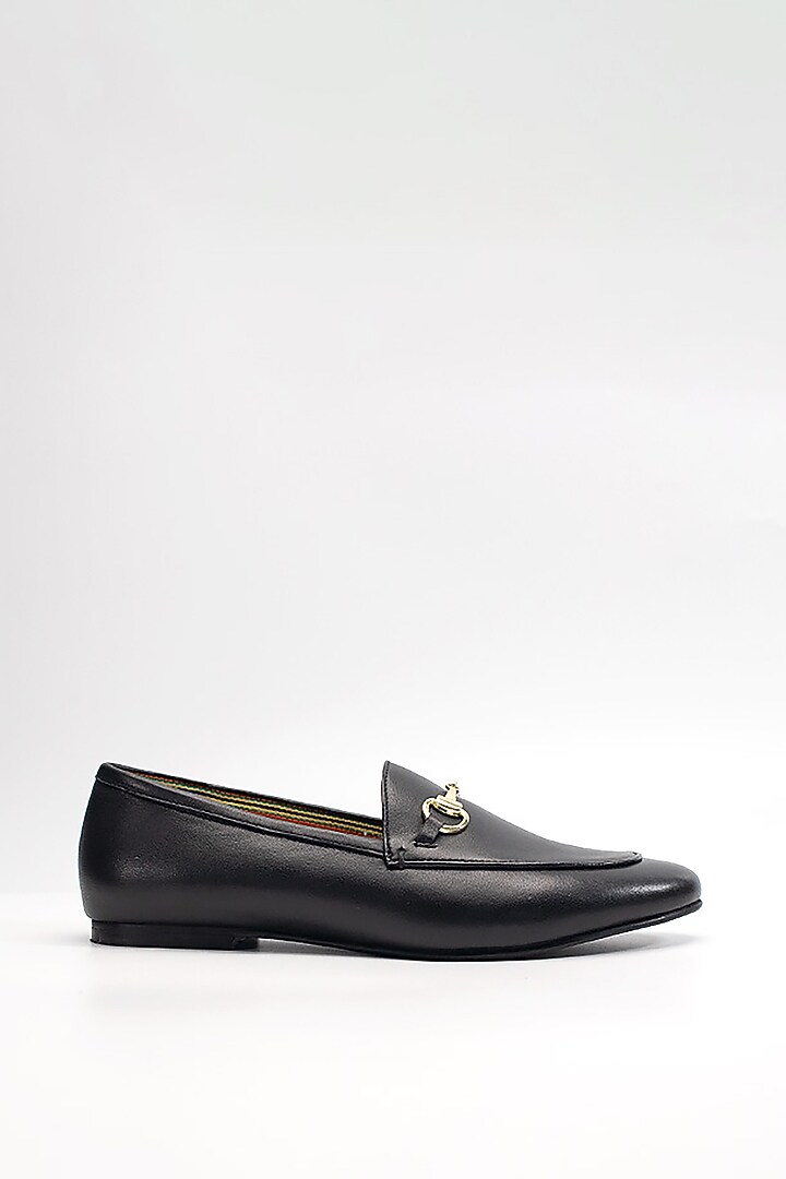 Black Cow Leather & Sheep Leather Buckle Embellished Loafers by HEEL YOUR SOLE at Pernia's Pop Up Shop