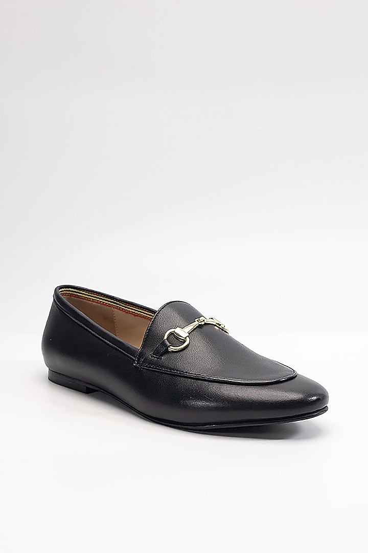 Black Cow Leather & Sheep Leather Buckle Embellished Loafers by HEEL YOUR SOLE at Pernia's Pop Up Shop