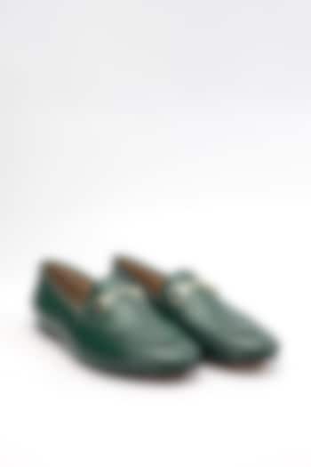 Green Cow Leather & Sheep Leather Buckle Embellished Loafers by HEEL YOUR SOLE
