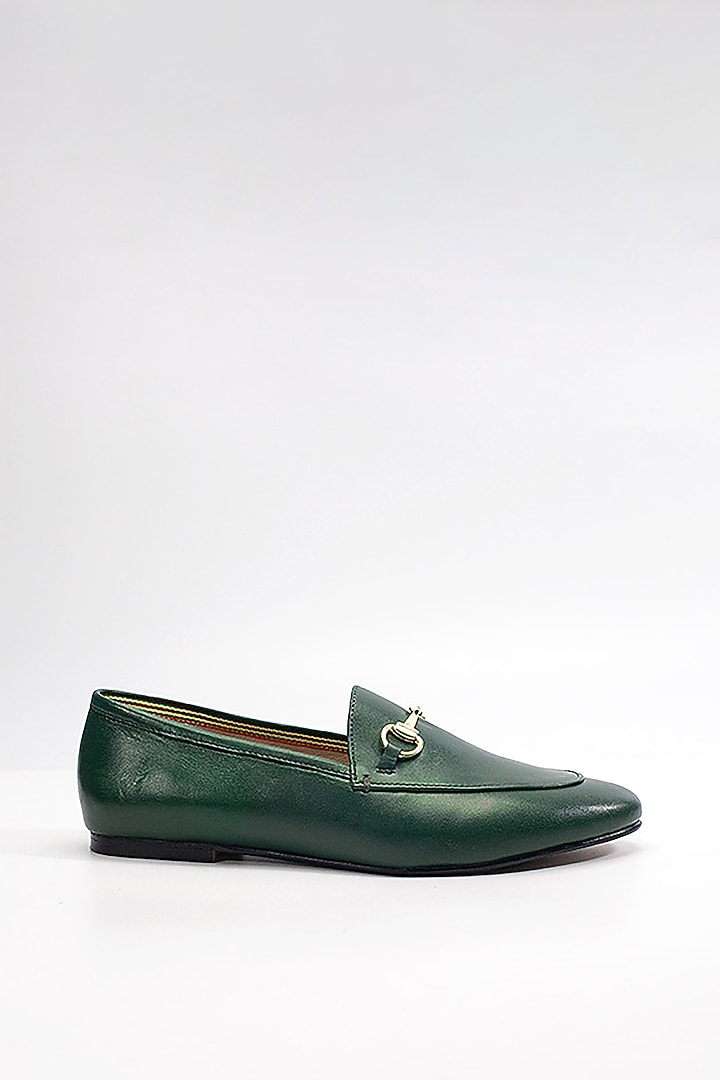 Green Cow Leather & Sheep Leather Buckle Embellished Loafers by HEEL YOUR SOLE at Pernia's Pop Up Shop
