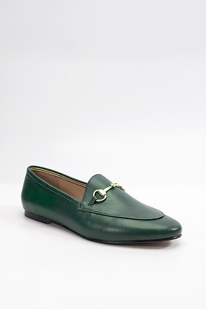 Green Cow Leather & Sheep Leather Buckle Embellished Loafers by HEEL YOUR SOLE at Pernia's Pop Up Shop