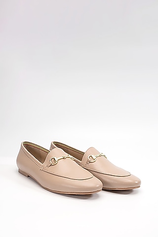 Beige Cow Leather & Sheep Leather Buckle Embellished Loafers by HEEL YOUR SOLE
