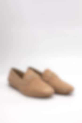 Beige Suede Leather Embellished Loafers by HEEL YOUR SOLE at Pernia's Pop Up Shop