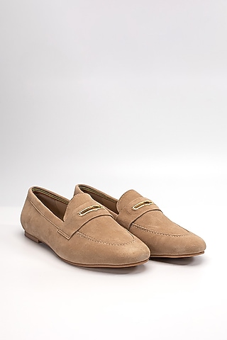 Beige Suede Leather Embellished Loafers by HEEL YOUR SOLE