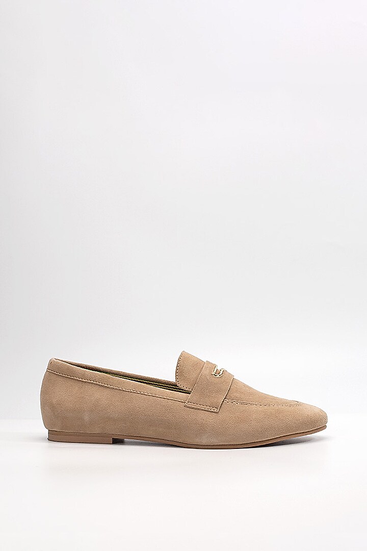 Beige Suede Leather Embellished Loafers by HEEL YOUR SOLE at Pernia's Pop Up Shop