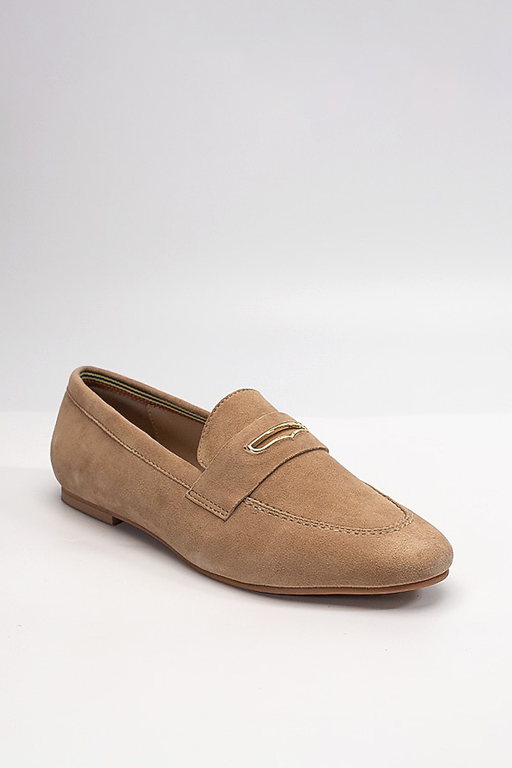Beige Suede Leather Embellished Loafers by HEEL YOUR SOLE at Pernia's Pop Up Shop