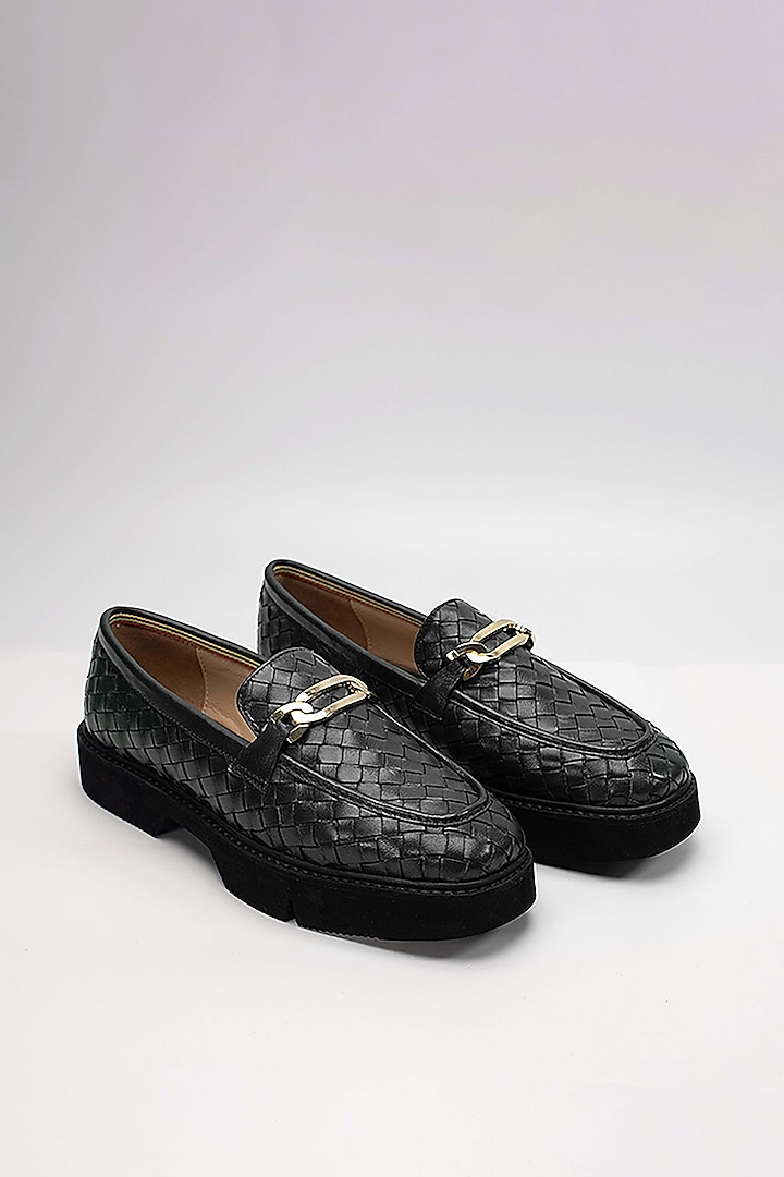 Black Woven Leather Embellished Loafers by HEEL YOUR SOLE