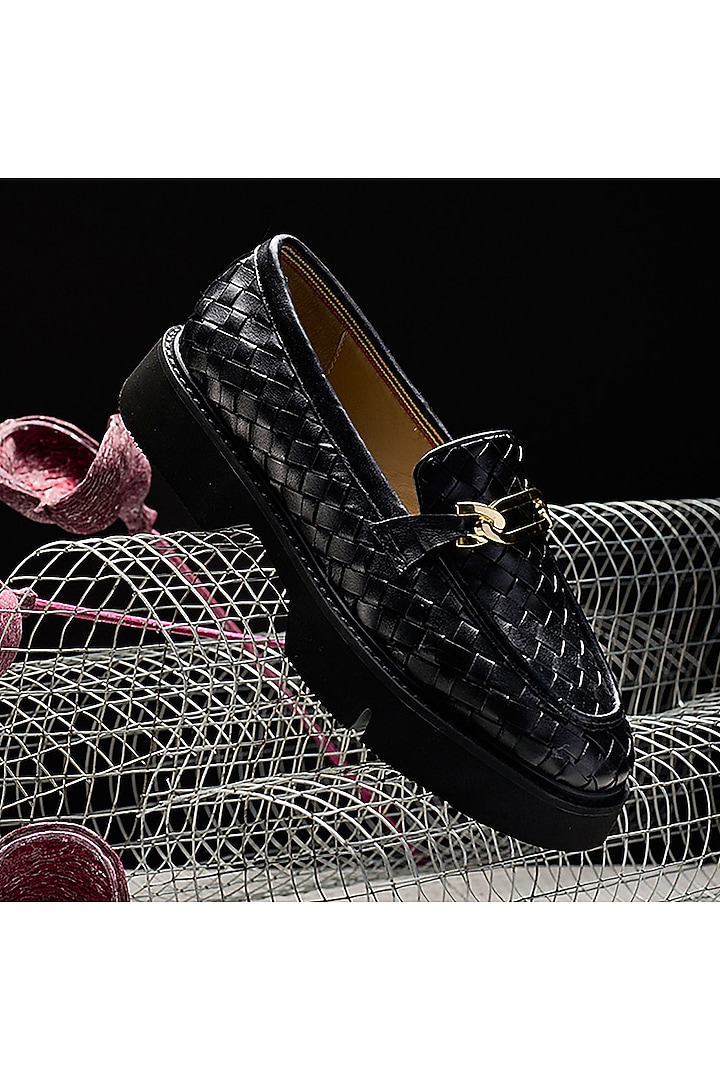 Black Woven Leather Embellished Loafers by HEEL YOUR SOLE at Pernia's Pop Up Shop