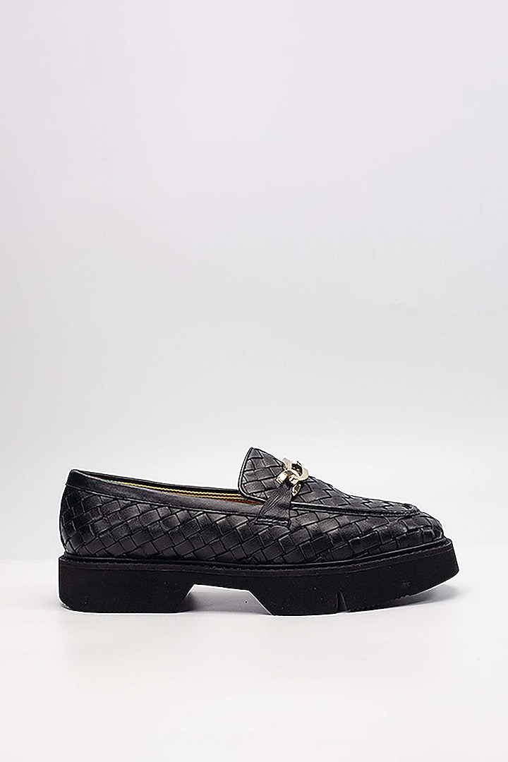 Black Woven Leather Embellished Loafers by HEEL YOUR SOLE at Pernia's Pop Up Shop