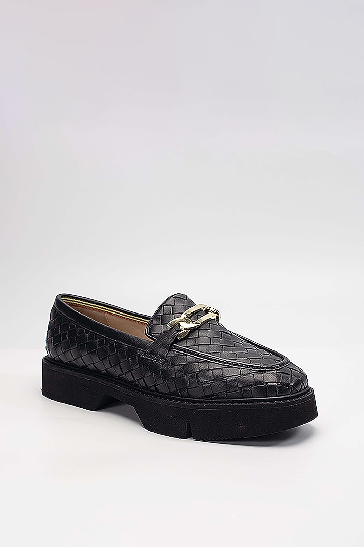 Black Woven Leather Embellished Loafers by HEEL YOUR SOLE at