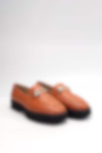 Orange Woven Leather Embellished Loafers by HEEL YOUR SOLE