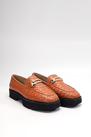 Orange Woven Leather Embellished Loafers by HEEL YOUR SOLE