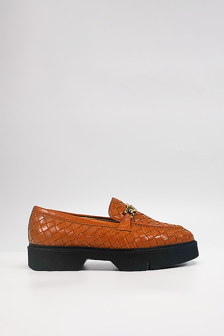 Orange Woven Leather Embellished Loafers by HEEL YOUR SOLE at Pernia's Pop Up Shop