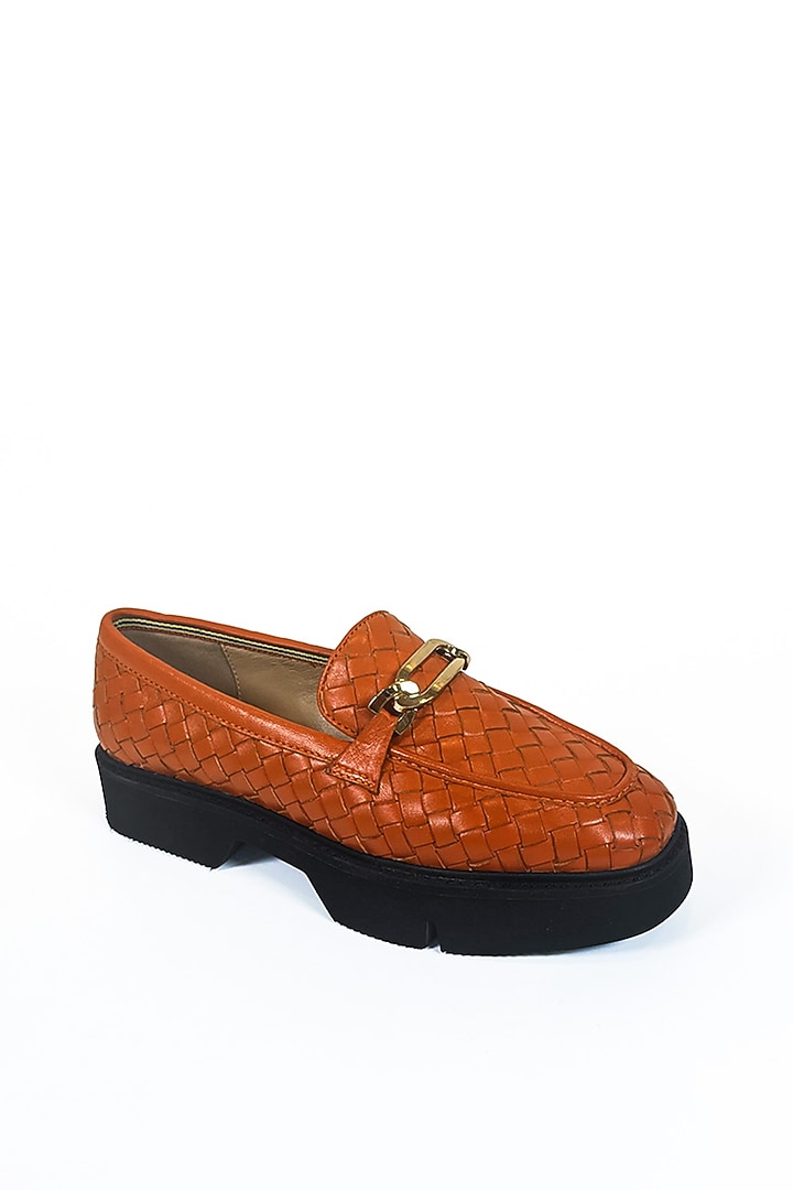 Orange Woven Leather Embellished Loafers by HEEL YOUR SOLE at Pernia's Pop Up Shop
