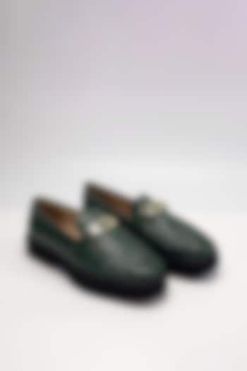 Green Woven Leather Embellished Loafers by HEEL YOUR SOLE