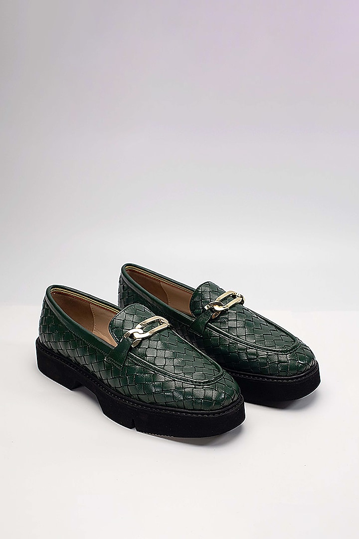 Green Woven Leather Embellished Loafers by HEEL YOUR SOLE