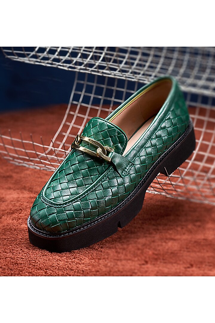 Green Woven Leather Embellished Loafers by HEEL YOUR SOLE at Pernia's Pop Up Shop