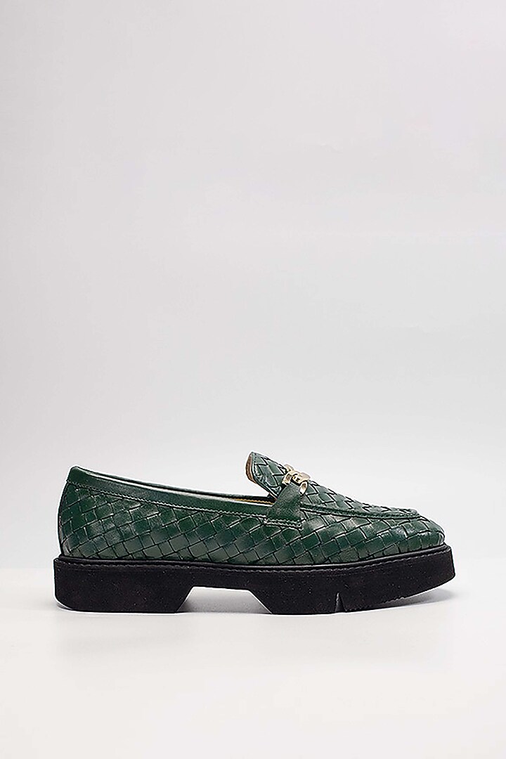 Green Woven Leather Embellished Loafers by HEEL YOUR SOLE at Pernia's Pop Up Shop