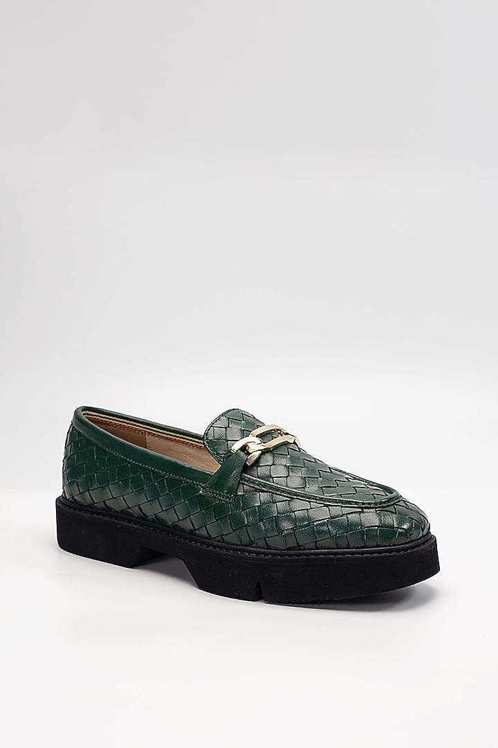 Green Woven Leather Embellished Loafers by HEEL YOUR SOLE at Pernia's Pop Up Shop
