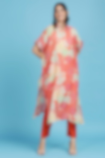 Orange Pure Cotton Floral Printed Handwoven Kaftan Set by ILAPTI at Pernia's Pop Up Shop