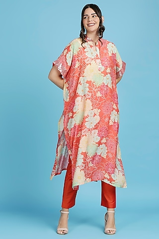 Orange Pure Cotton Floral Printed Handwoven Kaftan Set by ILAPTI