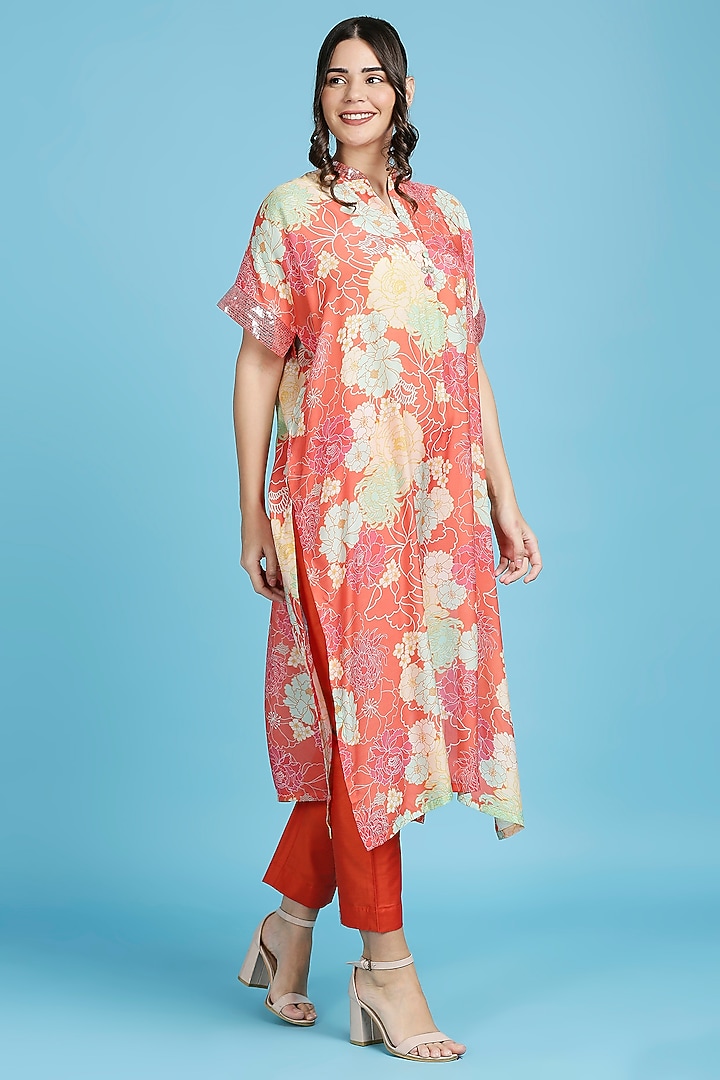 Orange Pure Cotton Floral Printed Handwoven Kaftan Set by ILAPTI at Pernia's Pop Up Shop