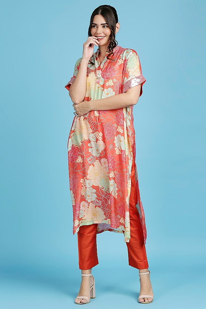 Orange Pure Cotton Floral Printed Handwoven Kaftan Set by ILAPTI at Pernia's Pop Up Shop