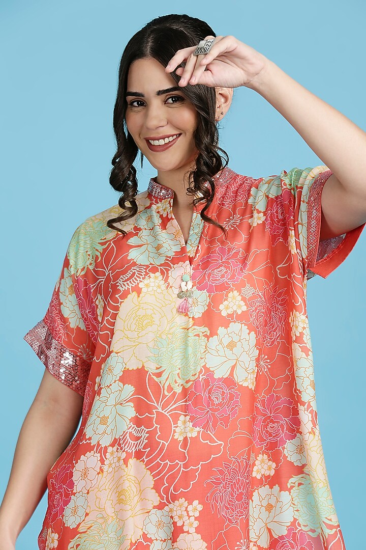 Orange Pure Cotton Floral Printed Handwoven Kaftan Set by ILAPTI at Pernia's Pop Up Shop
