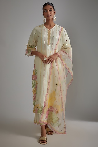Ivory Silk Organza Embellished Kurta Set by I AM DESIGN