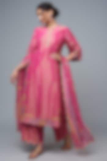 Hot Pink Silk Blend Embroidered Kurta Set by I Am Design