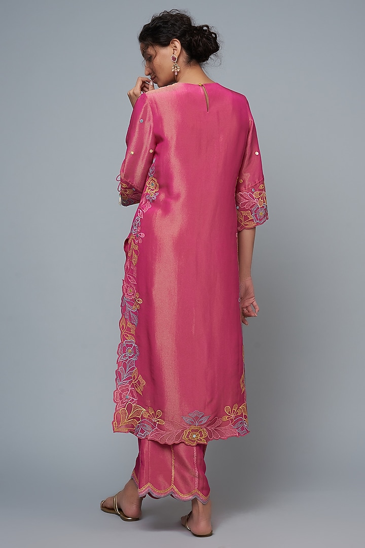 Hot Pink Silk Blend Embroidered Kurta Set by I Am Design at Pernia's Pop Up Shop