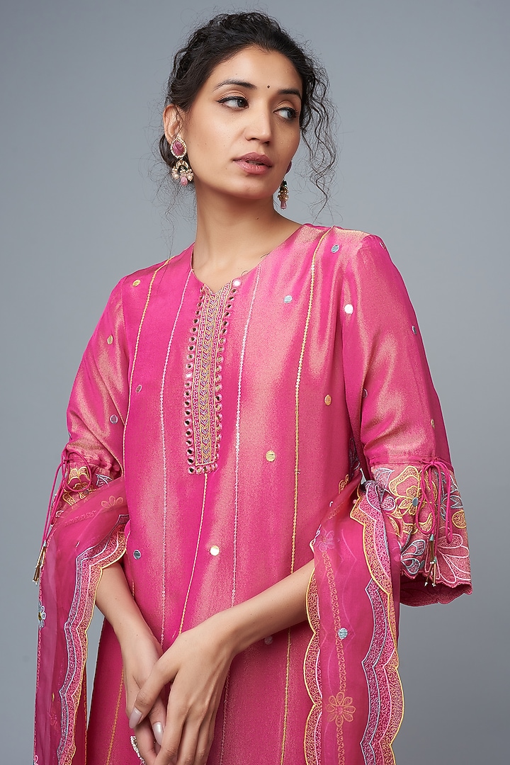 Hot Pink Silk Blend Embroidered Kurta Set by I Am Design at Pernia's Pop Up Shop