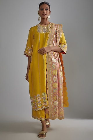 Mustard Silk Zari Hand Embroidered Kurta Set by I AM DESIGN
